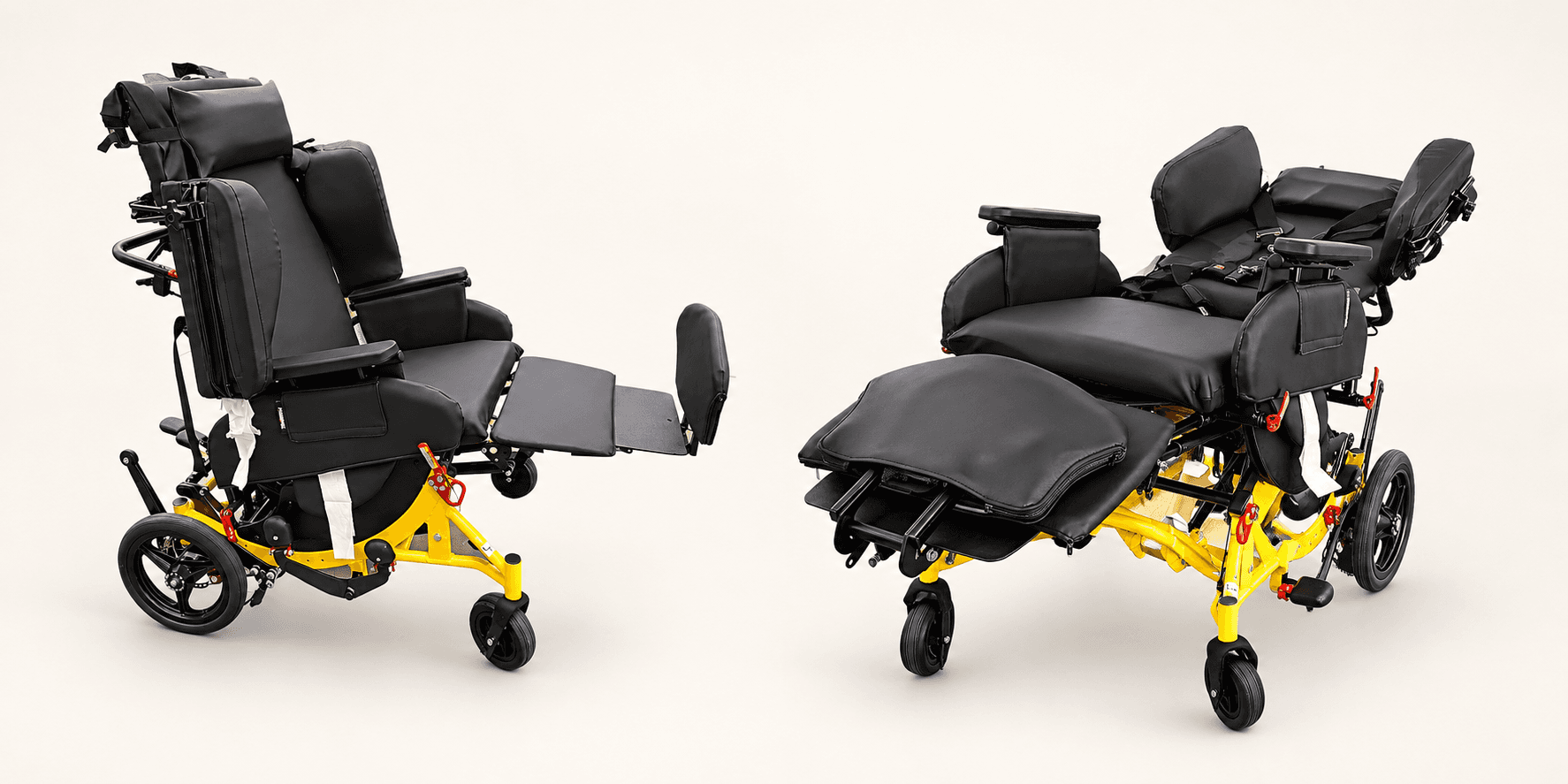 Reclining mobility chairs shown upright and reclined.